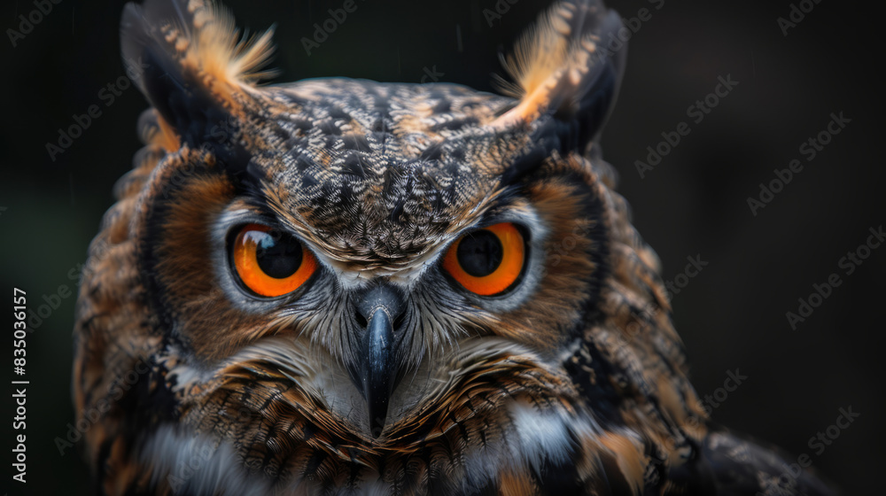 Close-up of a majestic eagle owl with intense orange eyes
