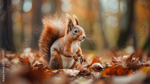 Eurasian red squirrel in autumn forest with colorful leaves