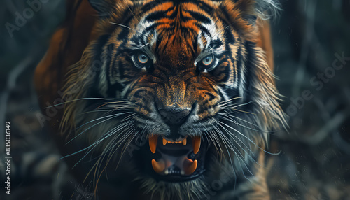 A tiger with its mouth open and teeth bared