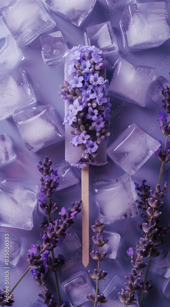 Layout made from lavender flowers, ice cream on a stick, and ice cubes. Soft violet. Minimal creative food concept. Flat lay Layout made from lavender flowers, ice cream on a stick, and ice cubes. Soft violet. Minimal creative food concept. Flat lay