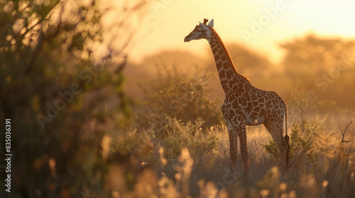 Giraffe in African savannah during golden sunset photo