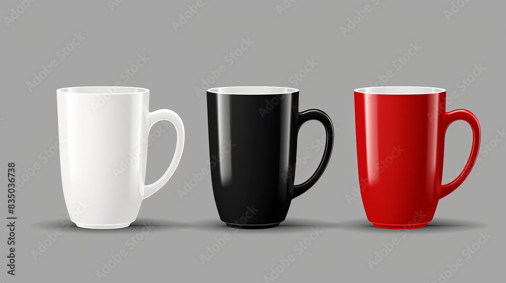Realistic mockup of white, black, and red coffee mugs Realistic mockup of white, black, and red coffee mugs