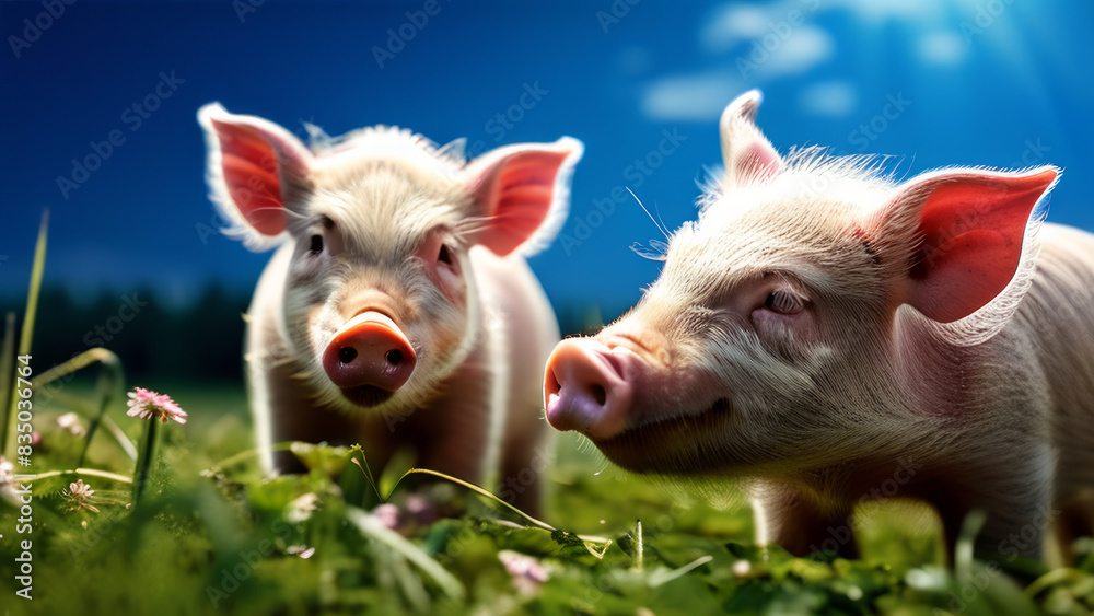 of a small pig standing in a field. The sun is either rising or setting, creating a warm and soft atmosphere. His ears are raised and he looks at the viewer with curiosity. of a small pig standing in a field. The sun is either rising or setting, creating a warm and soft atmosphere. His ears are raised and he looks at the viewer with curiosity.