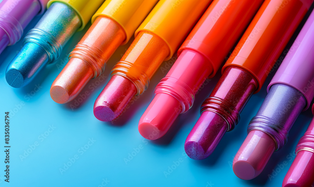 Colorful Lip Balm Sticks in Varied Shades of Pink, Orange, Purple, and Blue Arranged on Blue Background, Daylight, Vibrant Cosmetic Display for Beauty and Skincare, Ideal for Fashion and Makeup Themes Colorful Lip Balm Sticks in Varied Shades of Pink, Orange, Purple, and Blue Arranged on Blue Background, Daylight, Vibrant Cosmetic Display for Beauty and Skincare, Ideal for Fashion and Makeup Themes