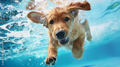 Playful golden retriever puppy swimming underwater in a pool