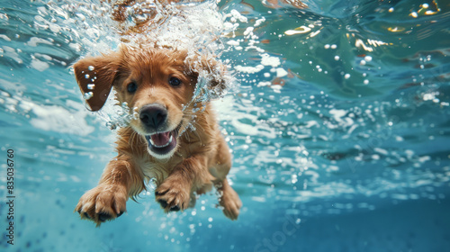 Funny underwater shot of golden retriever puppy swimming