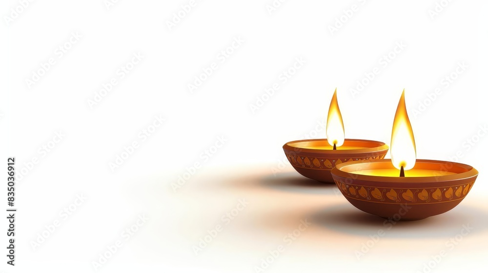 Side view of traditional Diwali diya lamps, set against a pristine white background, vector art, realistic portrayal, capturing the essence of Deepavali or Divali light festival Side view of traditional Diwali diya lamps, set against a pristine white background, vector art, realistic portrayal, capturing the essence of Deepavali or Divali light festival