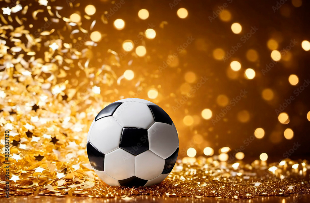 Fototapeta premium A classic black and white soccer ball on golden background with radiant light rays and a shower of golden confetti.