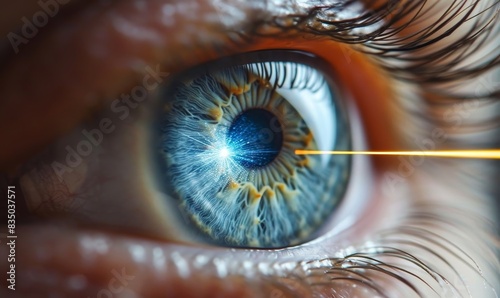closeup of a human eye with Lasik vision laser correction procedure and beams going into the cornea as wide banner with copy space area, Generative AI