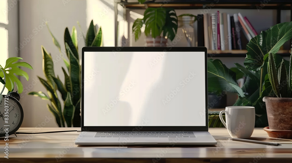 Workspace with mockup laptop screen surrounded by plants and books Workspace with mockup laptop screen surrounded by plants and books