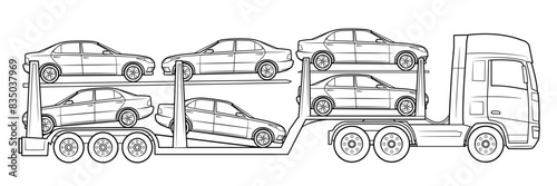 Modern cars carrier truck illustration - black and white vector stock illustration
