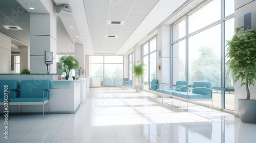 Empty modern hospital corridor  clinic hallway interior background with white chairs for patients waiting for doctor visit. Contemporary waiting room in medical office. Healthcare services concept