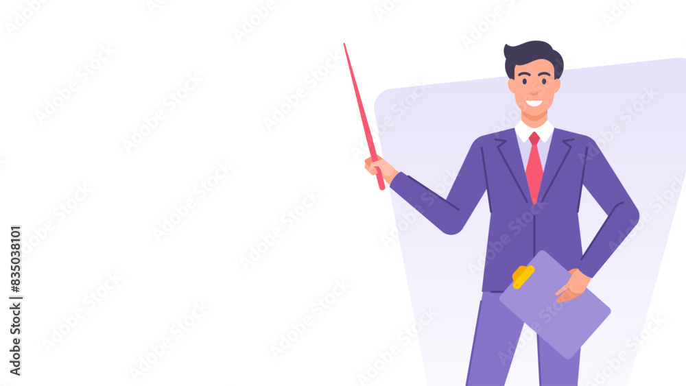 Business man teaching presentation with pointer copy space banner design template vector flat Business man teaching presentation with pointer copy space banner design template vector flat
