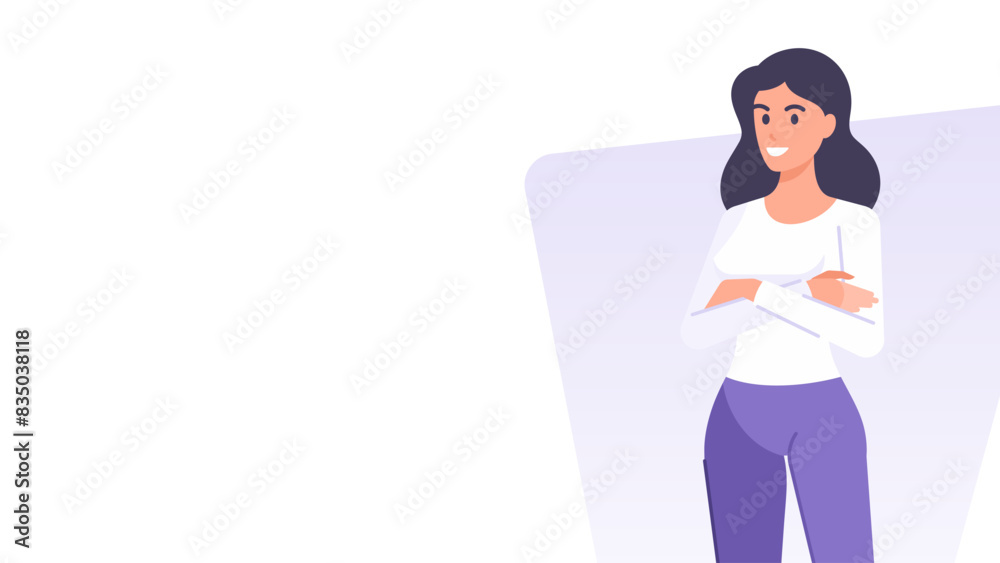 Cartoon casual business woman standing with crossed hands banner design template vector flat Cartoon casual business woman standing with crossed hands banner design template vector flat