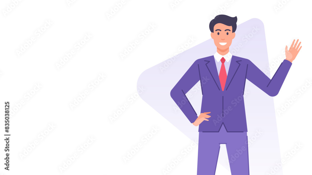 Smiling businessman in suit welcome waving hand blank banner copy space vector flat illustration Smiling businessman in suit welcome waving hand blank banner copy space vector flat illustration