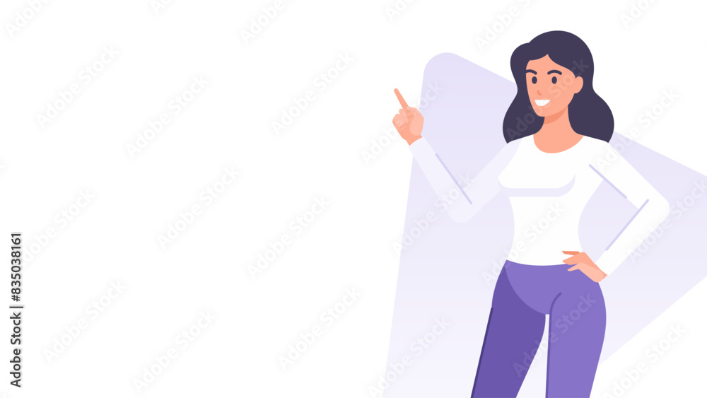 Smiling business woman pointing finger copy space banner design template vector flat illustration Smiling business woman pointing finger copy space banner design template vector flat illustration