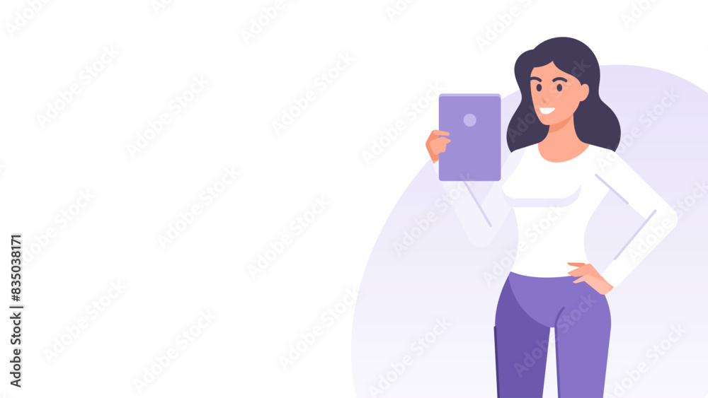 Cartoon business woman with tablet pc social media marketing banner design template vector flat Cartoon business woman with tablet pc social media marketing banner design template vector flat