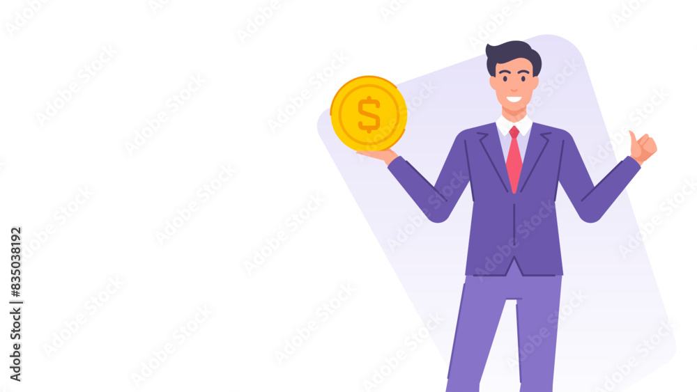 Cartoon business man with golden coin cash money dollar banner design template vector flat Cartoon business man with golden coin cash money dollar banner design template vector flat