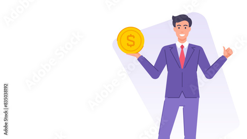 Cartoon business man with golden coin cash money dollar banner design template vector flat