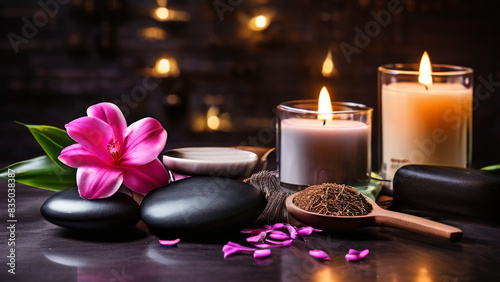 The image depicts a tranquil spa interior with various objects that are commonly associated with relaxation and self-care. A pink flower  possibly frangipani  lies on smooth black stones.