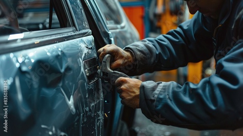 Auto body repairman fixes a car damaged in an accident or collision