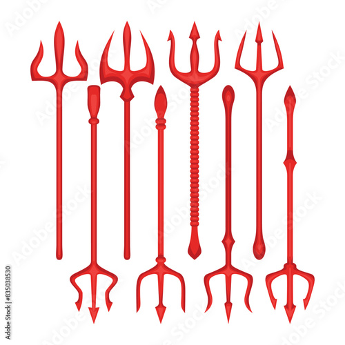 Set of devil trident set collection,  red different shapes satan's trident isolated on white background. Devil pitchfork, Demon tridental spear, harpoon, lance, vector illustration
