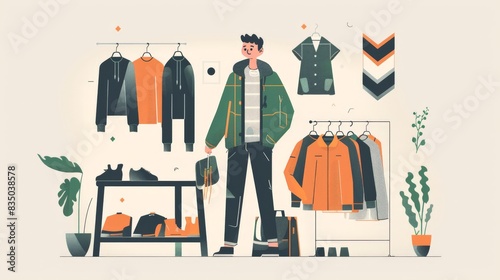 A flat design illustration of a character participating in a clothing swap event. The minimalist background emphasizes the sustainable practice of exchanging clothes to reduce consumption and promote photo