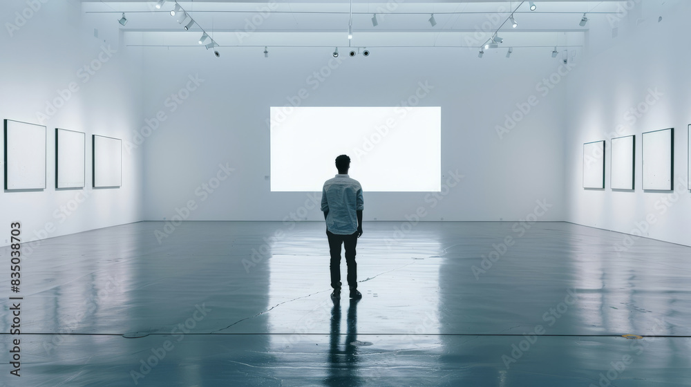 Young man walking in an empty modern art gallery Young man walking in an empty modern art gallery