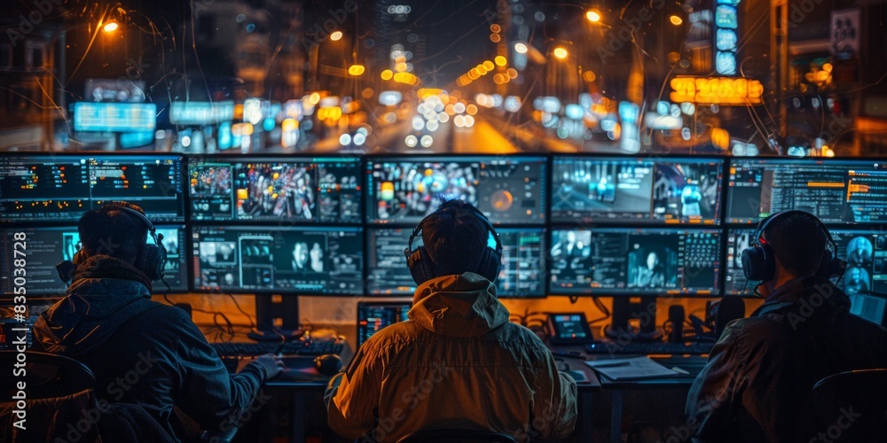 Fototapeta premium Team of operators monitoring multiple screens in a high-tech control room at night