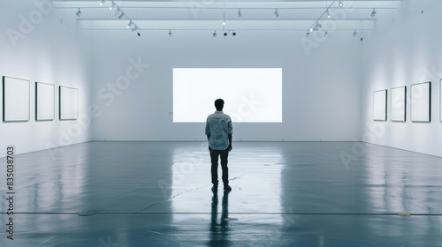 Young man walking in an empty modern art gallery