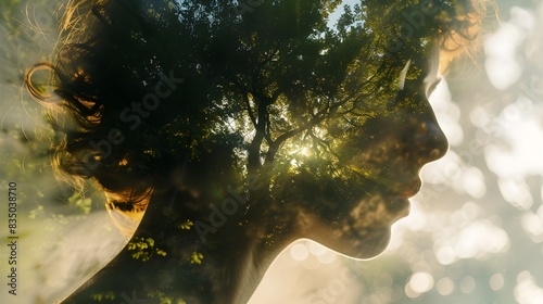 Double exposure of a woman's profile with a tree and sunlight background. Creative photography. Nature and human connection concept. Design for poster, wallpaper.
