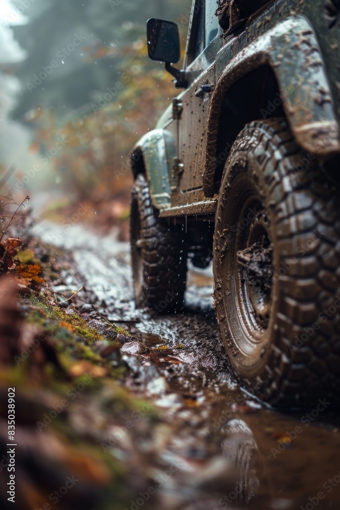 A close-up of a muddy off-road vehicle wheel in the forest, emphasizing the gritty details of off-road driving and the challenging conditions of wet, muddy roads A close-up of a muddy off-road vehicle wheel in the forest, emphasizing the gritty details of off-road driving and the challenging conditions of wet, muddy roads