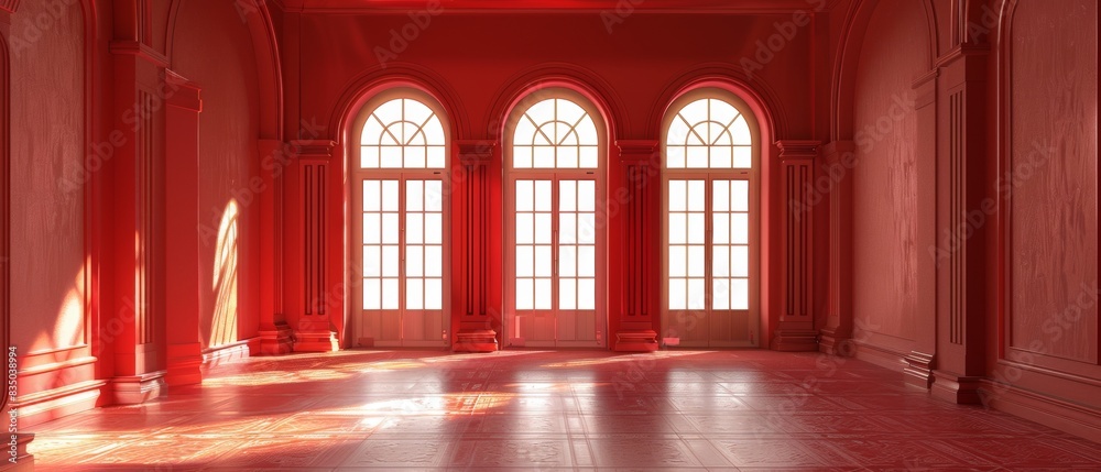 Empty room in Arabic style. Realistic spacious 3d Arabic room with large windows light shines through the window Empty room in Arabic style. Realistic spacious 3d Arabic room with large windows light shines through the window