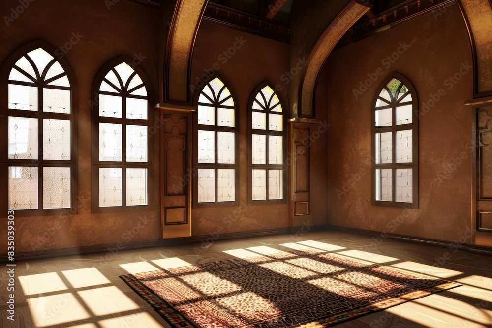 Empty room in Arabic style. Realistic spacious 3d Arabic room with large windows light shines through the window Empty room in Arabic style. Realistic spacious 3d Arabic room with large windows light shines through the window