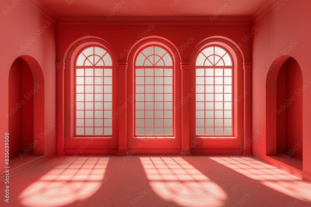 Empty room in Arabic style. Realistic spacious 3d Arabic room with large windows light shines through the window