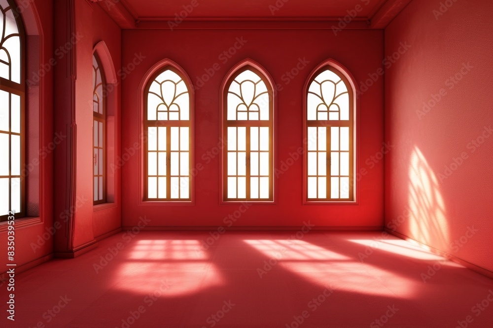 Fototapeta premium Empty room in Arabic style. Realistic spacious 3d Arabic room with large windows light shines through the window