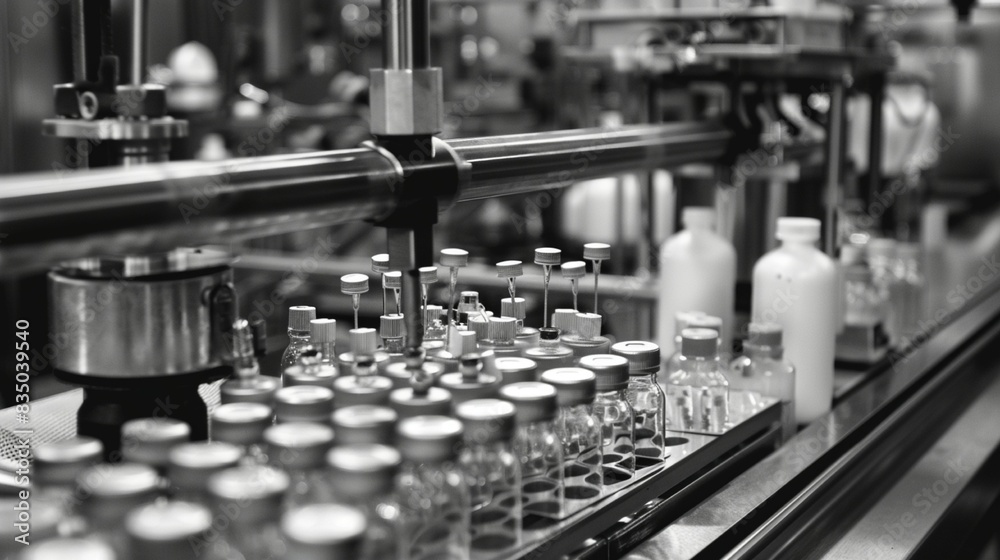 Black and white image of a technological production line for medical preparation Black and white image of a technological production line for medical preparation
