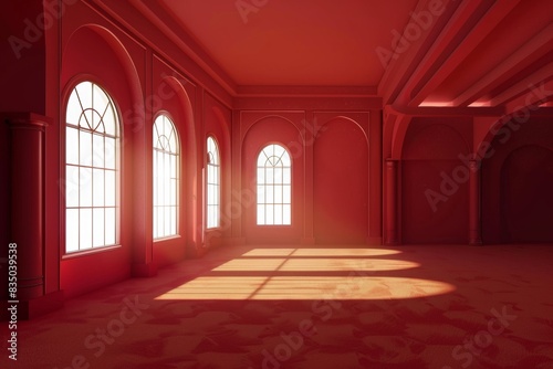 Empty room in Arabic style. Realistic spacious 3d Arabic room with large windows light shines through the window