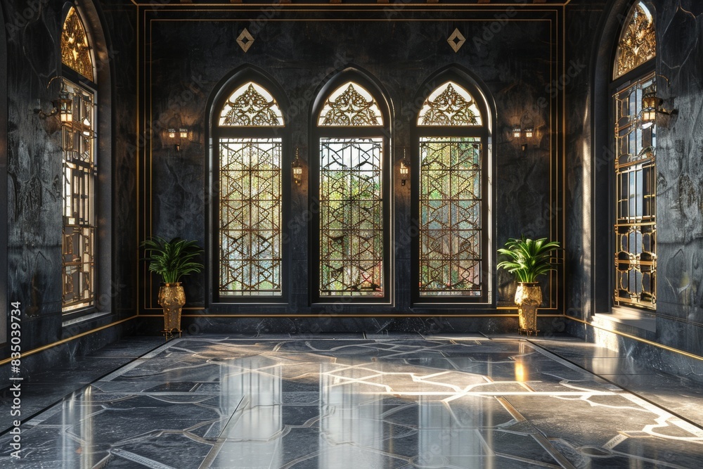 Empty room in Arabic style. Realistic spacious 3d Arabic room with large windows light shines through the window Empty room in Arabic style. Realistic spacious 3d Arabic room with large windows light shines through the window