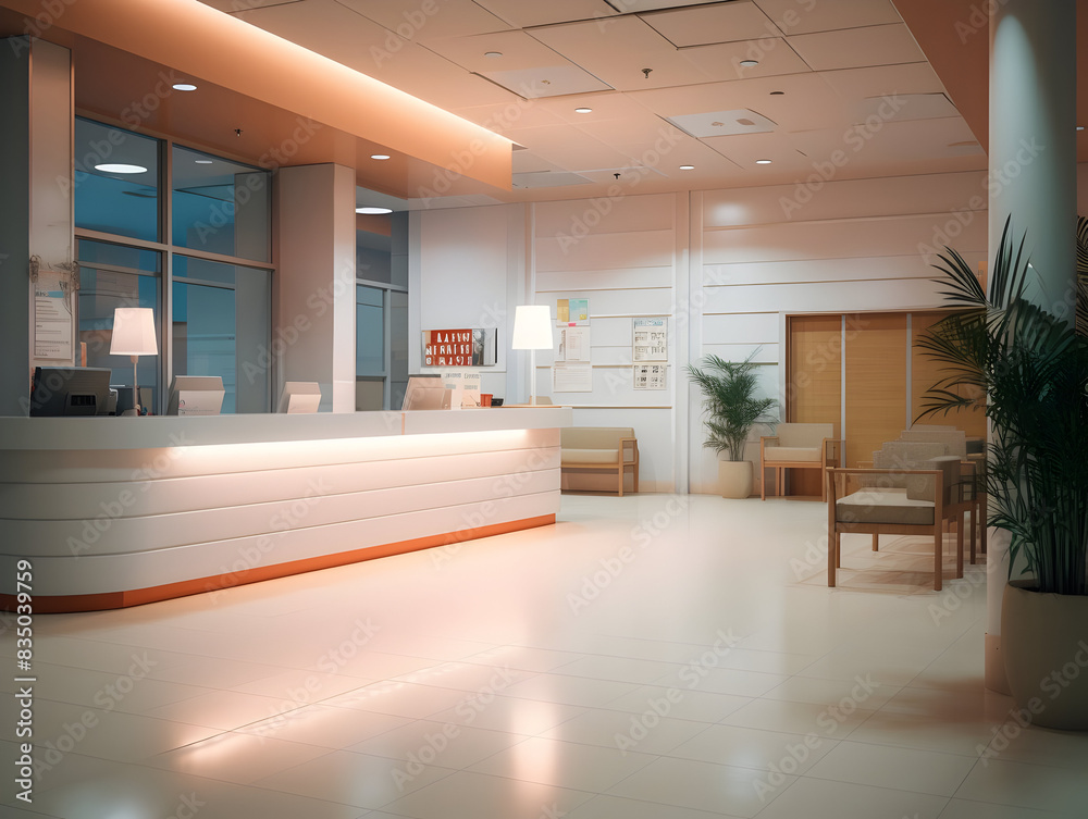 Fototapeta premium Empty modern hospital corridor, clinic hallway interior background with white chairs for patients waiting for doctor visit. Contemporary waiting room in medical office. Healthcare services concept