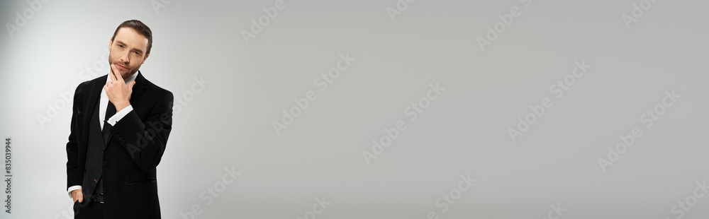 A bearded businessman exudes confidence in a stylish suit and tie against a clean white background. A bearded businessman exudes confidence in a stylish suit and tie against a clean white background.