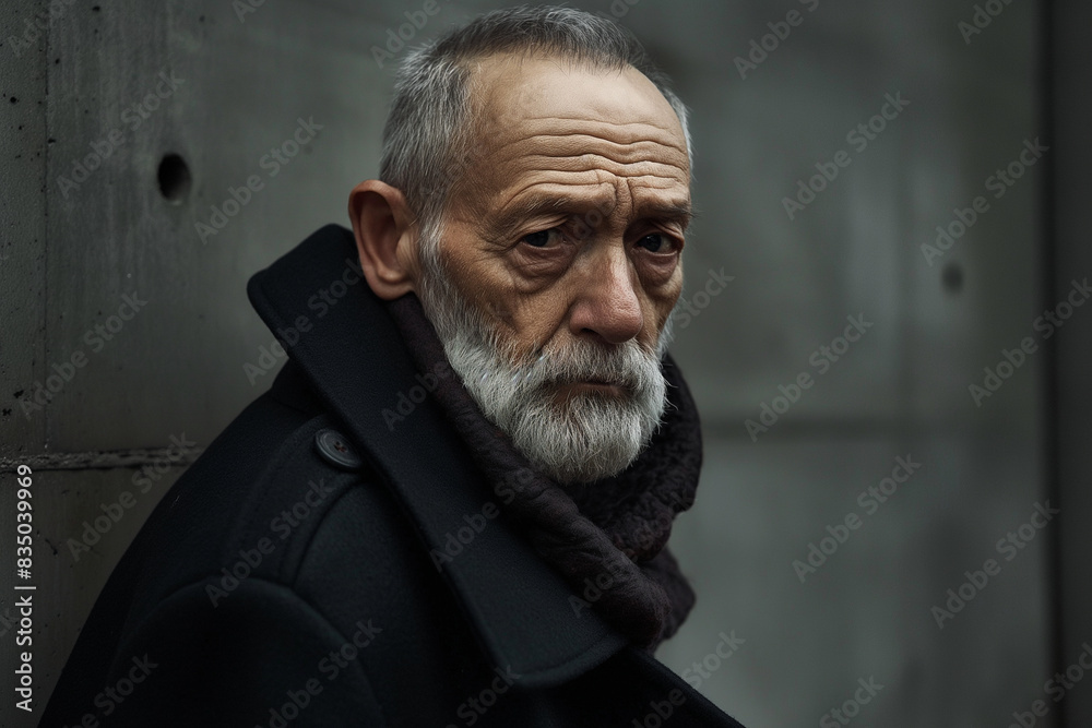 A man with a beard and gray hair is standing in front of a wall A man with a beard and gray hair is standing in front of a wall
