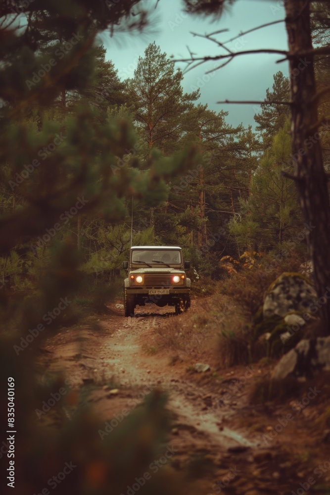 Rugged off-road vehicle on muddy forest path, dense foliage, adventure in nature. Off-road vehicle navigating through a forest path after a rainstorm, highlighting the challenges of muddy terrain Rugged off-road vehicle on muddy forest path, dense foliage, adventure in nature. Off-road vehicle navigating through a forest path after a rainstorm, highlighting the challenges of muddy terrain