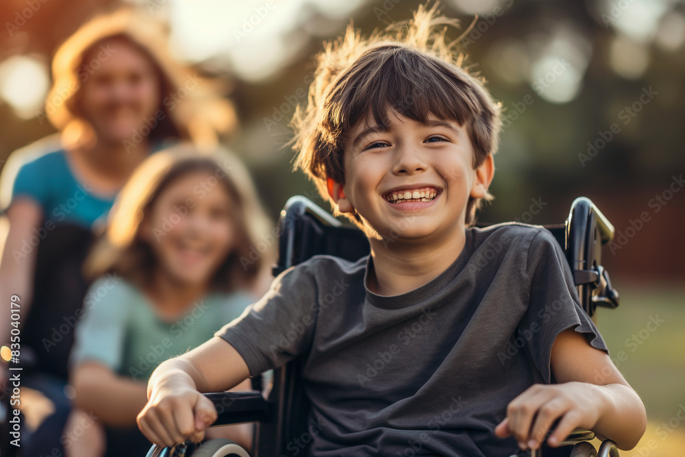 A boy in a wheelchair is smiling and laughing with two other children. Outdoors with friends A boy in a wheelchair is smiling and laughing with two other children. Outdoors with friends