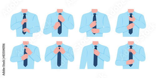 Set of cartoon character wearing suit and adjusting tie, Young Businessman Getting Dressed For Work And Tying His Necktie, Man checking his appearance isolated on white background, vector illustration