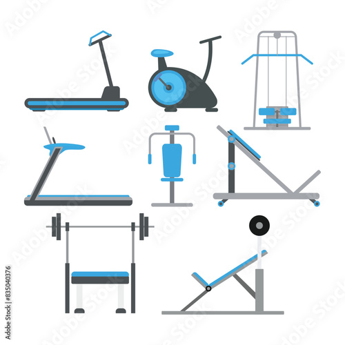 Set of gym equipment tool set collection, Fitness sport gym exercise equipment workout, Training apparatus for the gym isolated on white background, flat vector illustration.