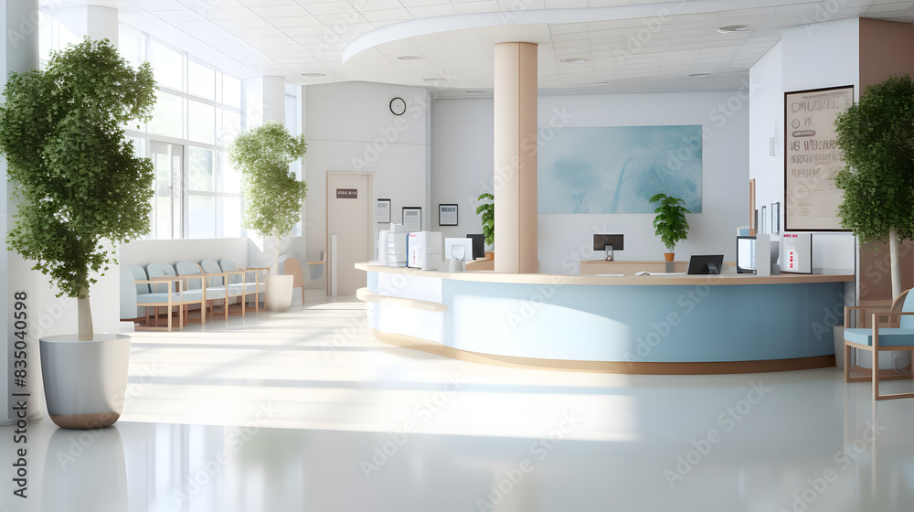 Fototapeta premium Empty modern hospital corridor, clinic hallway interior background with white chairs for patients waiting for doctor visit. Contemporary waiting room in medical office. Healthcare services concept