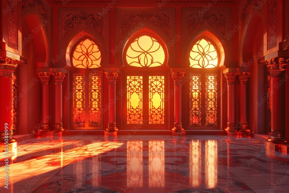 Empty room in Arabic style. Realistic spacious 3d Arabic room with large windows light shines through the window