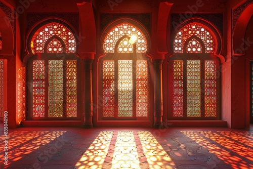 Empty room in Arabic style. Realistic spacious 3d Arabic room with large windows light shines through the window