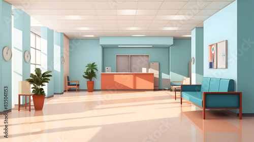 Empty modern hospital corridor  clinic hallway interior background with white chairs for patients waiting for doctor visit. Contemporary waiting room in medical office. Healthcare services concept